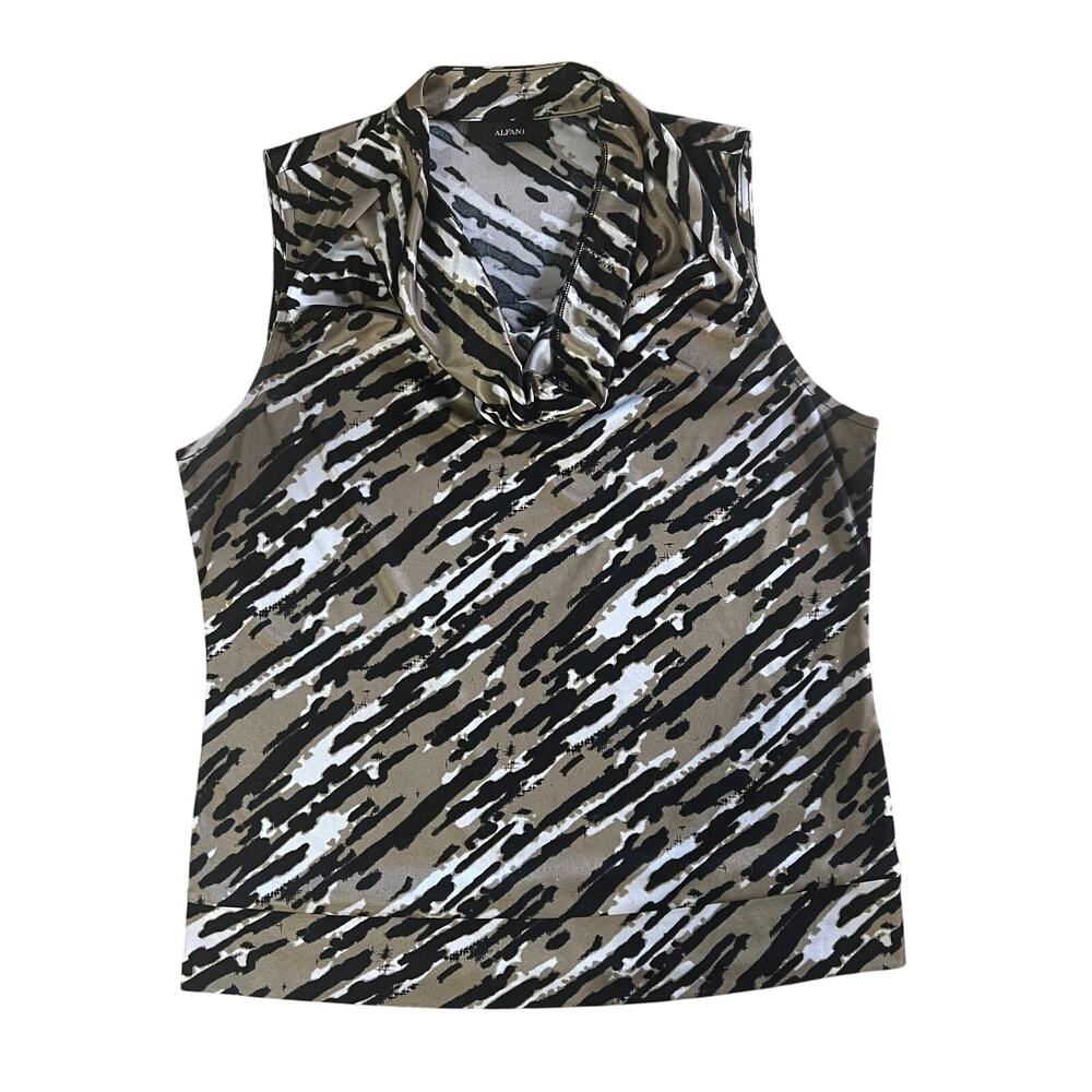Alfani Sleeveless Cowl Neck Blouse Size 6 Animal Print Beige Black Stretch Knit